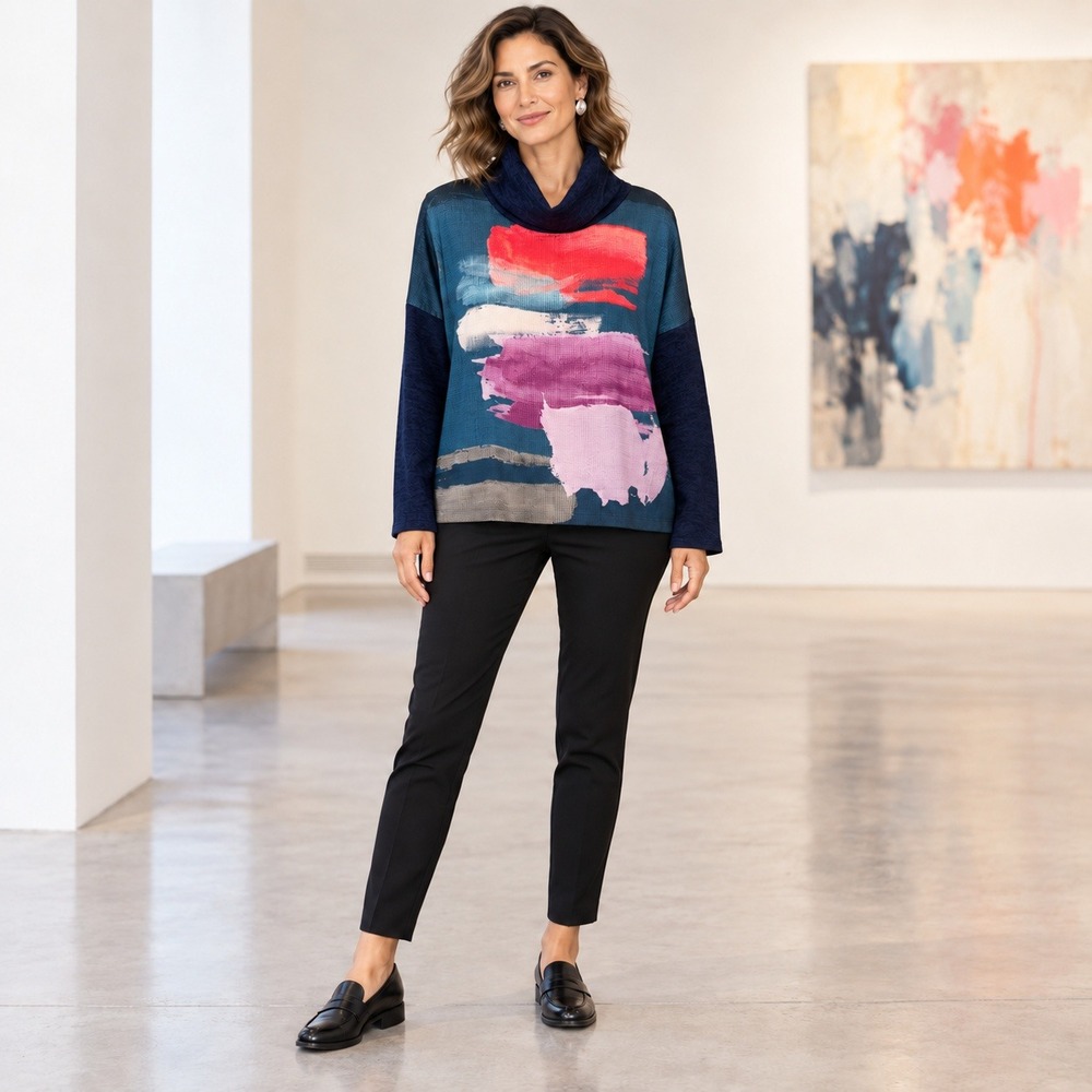 Tinta Gianna Cowl Neck Top Size M Blue Abstract Print Spain Art To Wear New